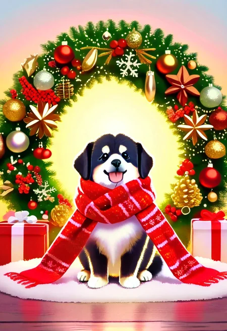 Animal Christmas, masterpiece, best quality, puppy, gift pouch, red scarf, eucalyptus backdrop, festive decorations, sunny day, bright colors, Christmas vibes, wrapped presents, playful pose, decorative ribbons, cheerful holiday, Australian theme, golden sunlight, Christmas cheer