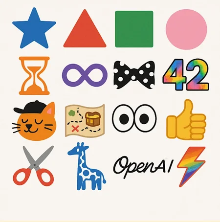 A square image containing a 4 row by 4 column grid containing 16 objects on a white background. Go from left to right, top to bottom. Here's the list:
1. a blue star
2. red triangle
3. green square
4. pink circle
5. orange hourglass
6. purple infinity sign
7. black and white polka dot bowtie
8. tiedye "42"
9. an orange cat wearing a black baseball cap
10. a map with a treasure chest
11. a pair of googly eyes
12. a thumbs up emoji
13. a pair of scissors
14. a blue and white giraffe
15. the word "OpenAI" written in cursive
16. a rainbow-colored lightning bolt