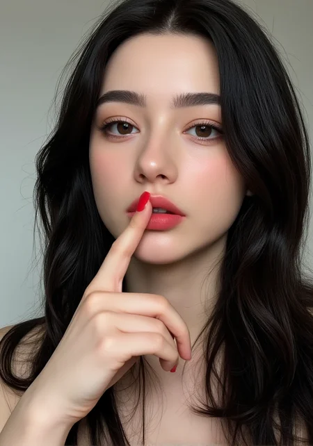18yo 1girl her face is very delicate,skin naturally showing the texture of blood vessels and detailed pale skin,
<lora:Dasha_Taran_majicf1_rank2_bf16:0.8>,she is Dasha Taran,looking at viewer, --,A striking portrait of a supercute Asian model with stunning features, giving a bold and confident expression. Her long, glossy black hair cascades in soft waves around her face, highlighting her flawless, glowing skin. She has bright, expressive eyes framed by long lashes, and her lips are full and slightly parted, emphasizing her natural beauty. The model is holding her finger up to her lips in a playful yet defiant gesture, with her manicured nails painted a vibrant red. The lighting is bright and clean, casting a soft glow on her face, enhancing her delicate features. The overall mood is both daring and elegant, blending a sense of beauty with an edgy attitudeï¼A soft erotic atmosphere, the light evokes sexual desire.