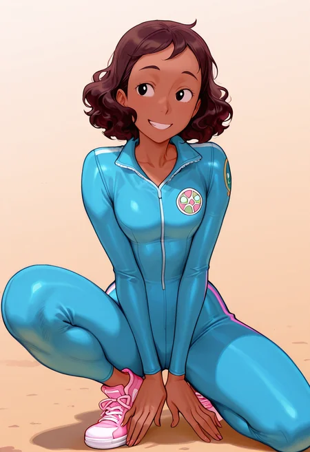 masterpiece, best quality, very aesthetic, absurdres, 1 girl, solo, Connie_Maheswaran, dark-skinned, short hair, wavy hair, brown hair, black eyes, blue one piece suit, pink sneakers, smile,
<lora:Smooth_Booster_v2:0.3>, <lora:Connie_Maheswaran_SU__Illustrious:1>, <lora:AKinuNishimura_Style:1>