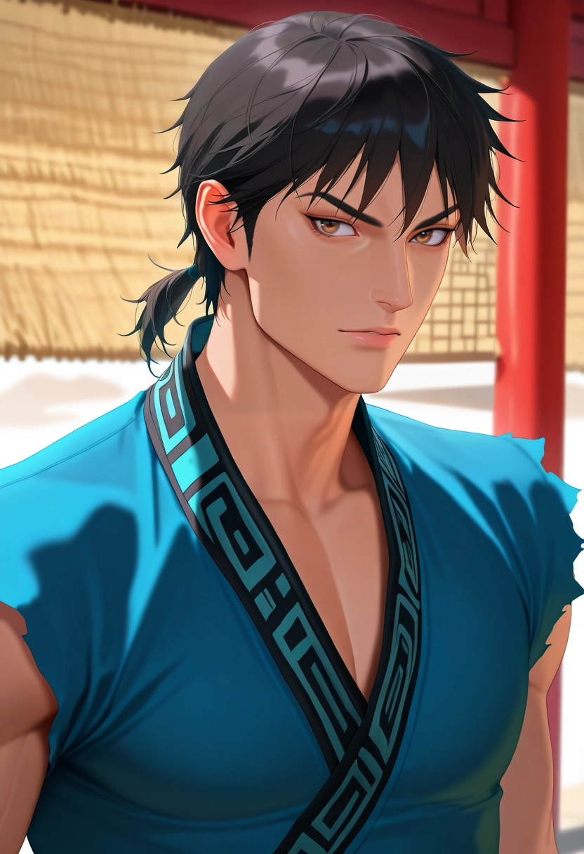 masterpiece, best quality, , (realistic:0.6), , depth of field, 1boy, solo, male focus, <lora:xin_kingdom_ilxl:0.96>, xin_kingdom, black hair, brown eyes, short hair, low ponytail, , , ,
