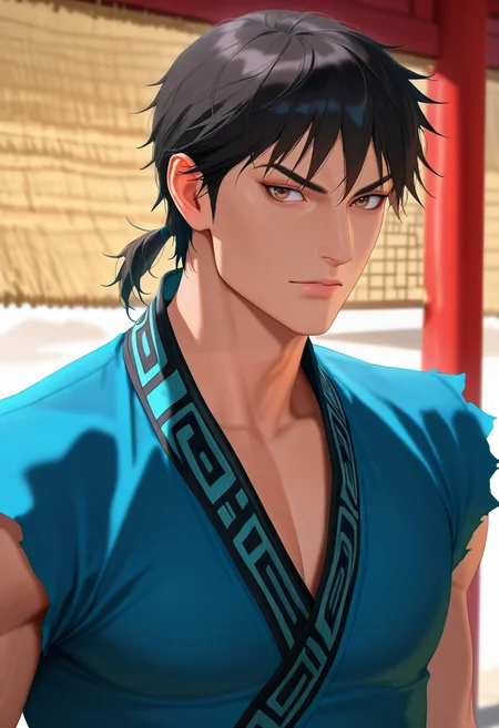 masterpiece, best quality, , (realistic:0.6), , depth of field, 1boy, solo, male focus, <lora:xin_kingdom_ilxl:0.96>, xin_kingdom, black hair, brown eyes, short hair, low ponytail, , , ,