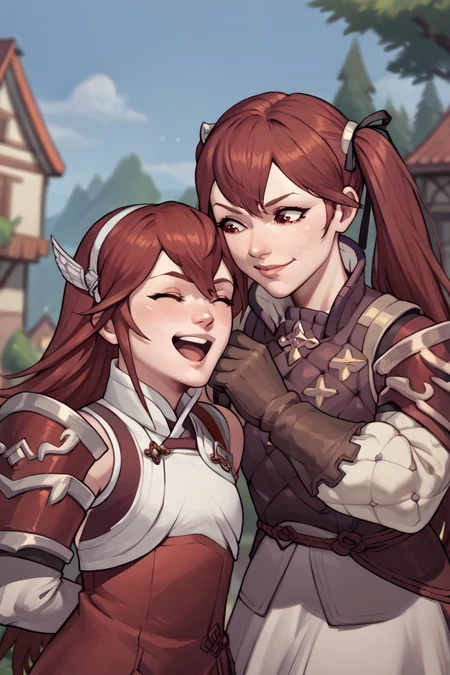 score_9, score_8_up, score_7_up, score_6_up, source_anime, two girls, mother and daughter, headpat, happy, village, forest, upper body BREAK 1girl, <lora:fecaeldori-pdxl-nvwls-v1:1> caeldori, red hair, wing hair ornament, hairband, shoulder armor, red and white dress, elbow gloves, thigh boots, happy, closed eyes, excited, open mouth BREAK 1girl,  <lora:fesevera-pdxl-nvwls-v1:1> defSelena, red hair, red eyes, twintails, hair ribbon, armor, brown vest, white sleeves, brown gloves, white skirt, pantyhose, happy