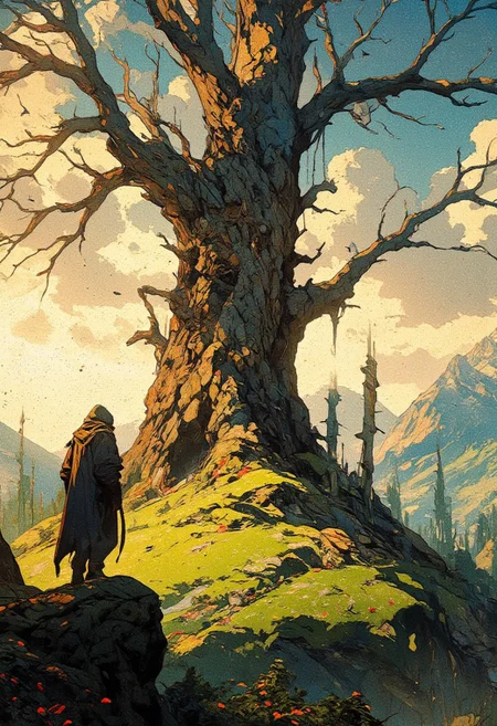 A mystical, epic fantasy landscape featuring a lone cloaked figure standing on a rocky hilltop, gazing at a massive, ancient tree with sprawling branches. The tree is illuminated by the golden glow of the setting sun, casting dramatic shadows and creating a warm, ethereal atmosphere. In the background, misty mountain ranges stretch into the horizon under a partly cloudy sky with soft beams of sunlight piercing through. The ground is covered in lush green grass, scattered with small flowers and fallen leaves dancing in the wind. Birds are flying around, adding to the sense of mystery and grandeur. High detail, cinematic lighting, epic fantasy aesthetic with a magical, serene vibe
, anime, cyberpunk