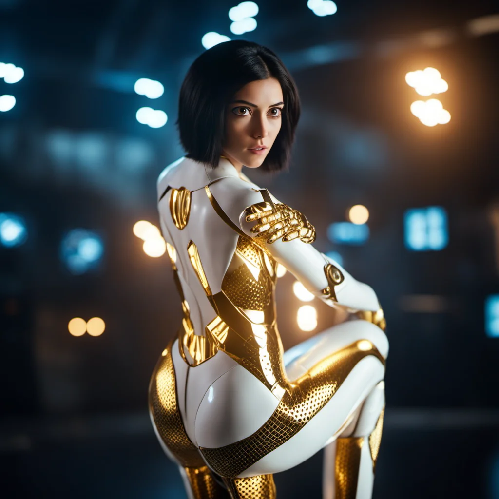 cinematic photo cinematic photo a woman with big eyes, futuristic white and gold body suit, cyberpunk background  <lora:Alita1024-2024:0.8> . 35mm photograph, film, bokeh, professional, 4k, highly detailed . 35mm photograph, film, bokeh, professional, 4k, highly detailed