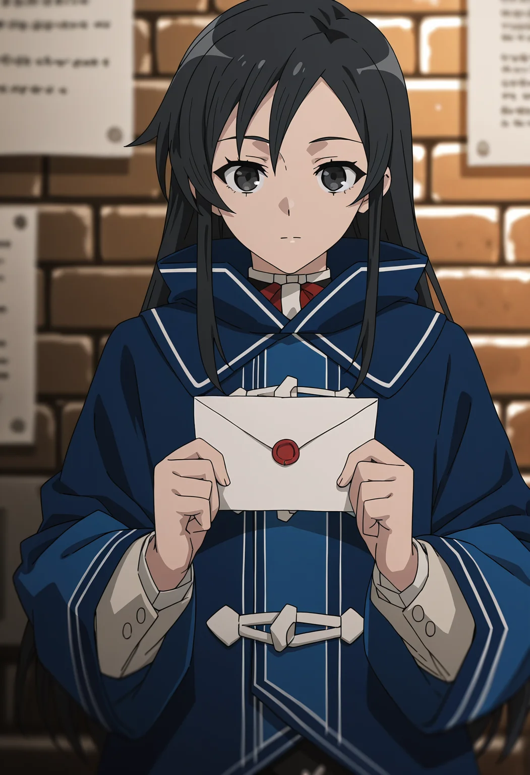 <lora:Shizuka NANAHOSHI_illustrious-000036:1>,
Shizuka NANAHOSHI, solo, looking at viewer, holding, upper body, coat, blurry, envelope, long sleeves, blue coat, brick wall, letter, closed mouth, expressionless, anime screencap
