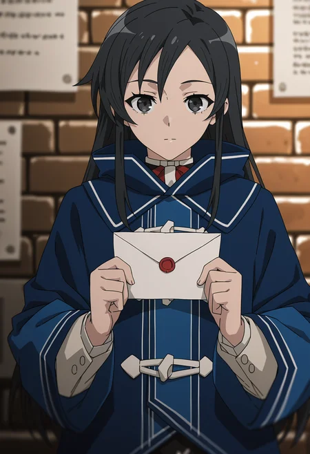 <lora:Shizuka NANAHOSHI_illustrious-000036:1>,
Shizuka NANAHOSHI, solo, looking at viewer, holding, upper body, coat, blurry, envelope, long sleeves, blue coat, brick wall, letter, closed mouth, expressionless, anime screencap