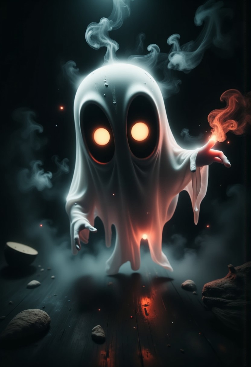 Ghostlystyle, a cute ghost showing middlefinger, dimly lit, professional, high quality, 8k