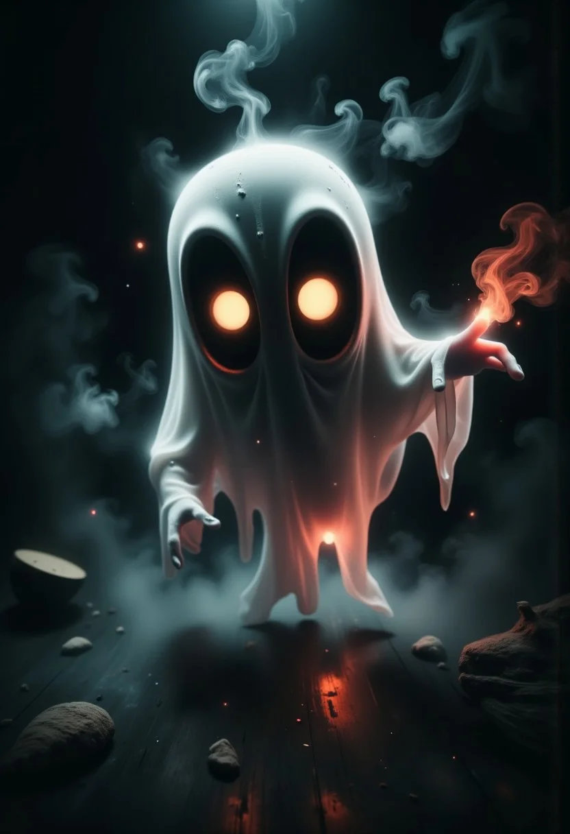 Ghostlystyle, a cute ghost showing middlefinger, dimly lit, professional, high quality, 8k