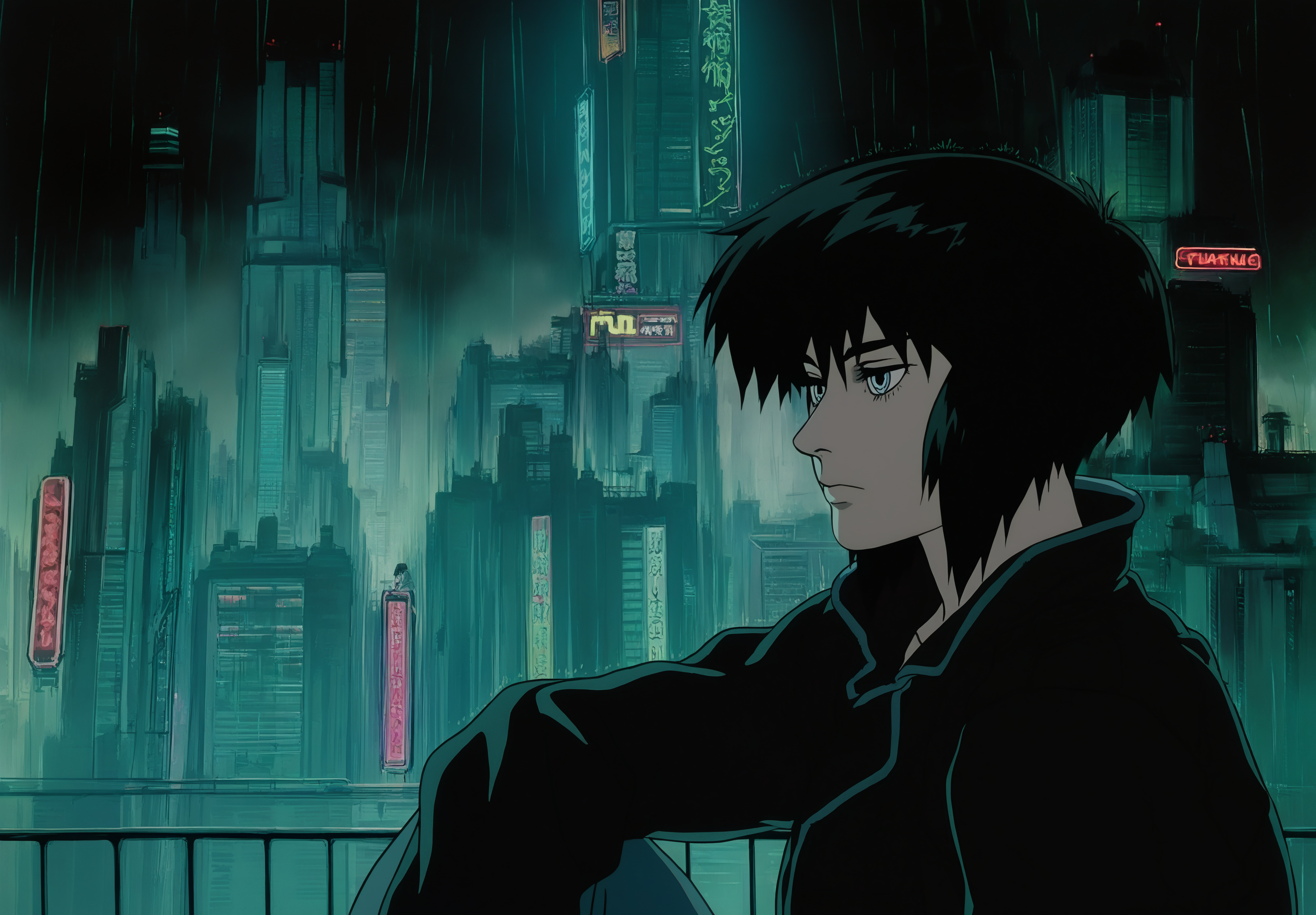 masterpiece,absurdres,best quality,high quality,<lora:GITS1995_XL Vpred Noob:1>,GITS1995,1girl,solo,black hair,short hair,kusanagi motoko,cityscape,cyberpunk,city,night,building,from side,portrait,neon lights,fog,rain,wind,loose hair strand,expressionless,road,sitting,rooftop,on roof,arm on knee,
