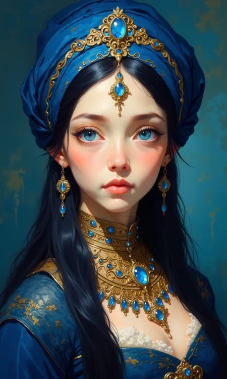 Close-up portrait of a woman.
She is adorned with a deep blue turban that is draped and tied around her head. A lavish golden jewel encrusted ornament rests atop it, featuring a prominent blue gem. A matching gold-and-blue pendant dangles from her forehead and she has long dark blue-black hair that appears to cascade around her shoulders and down her back.
On her face, intense blue eyes are the focal point. Her skin has a soft, light-rosy tone. Her lips are a delicate pink.
The woman wears a large gold-embellished necklace with intricate patterns and a series of smaller blue gemstones set in the golden design. The clothing she wears is a dark, rich blue, possibly lacy or embroidered fabric. A matching pair of earrings with blue details hangs from her ears.
The background is a gradient of a deep azure blue, creating a dramatic backdrop for the rich colors of the woman's attire. The lighting is focused on the woman's face and upper torso, highlighting the intricate details of the jewelry and the color of her garments. The style is reminiscent of a fantasy or historical portrait.
<lora:FLUX-daubrez-DB4RZ-v2:1> DB4RZ, DB4RZ style painting