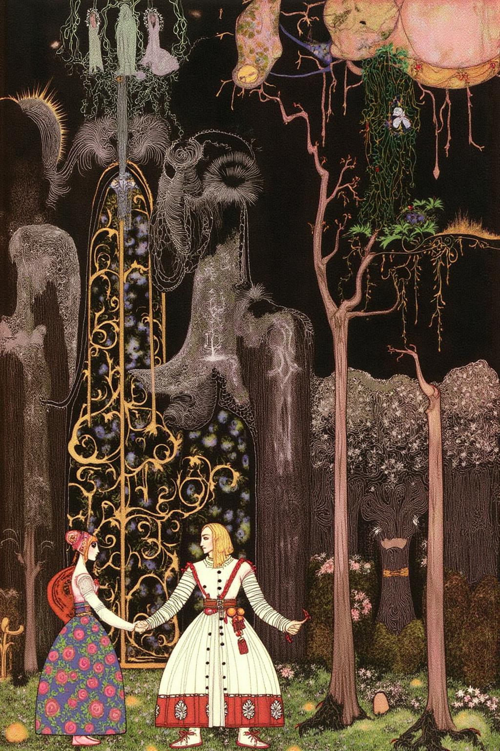 kaynielsen1 illustration
A man and a woman holding hands in medieval-style clothing stand before a large, ornate pointed arch door set in a dark, intricate background with swirling patterns, ethereal figures, and a whimsical tree. On the left is a woman, shown in side profile, wearing a colorful floral dress and headpiece; on the right is a blonde man with a pageboy haircut, in a white tunic with red accents and a belt. <lora:kaynielsen1_d8a4e12:1.0><lora:865920227030883192:0>