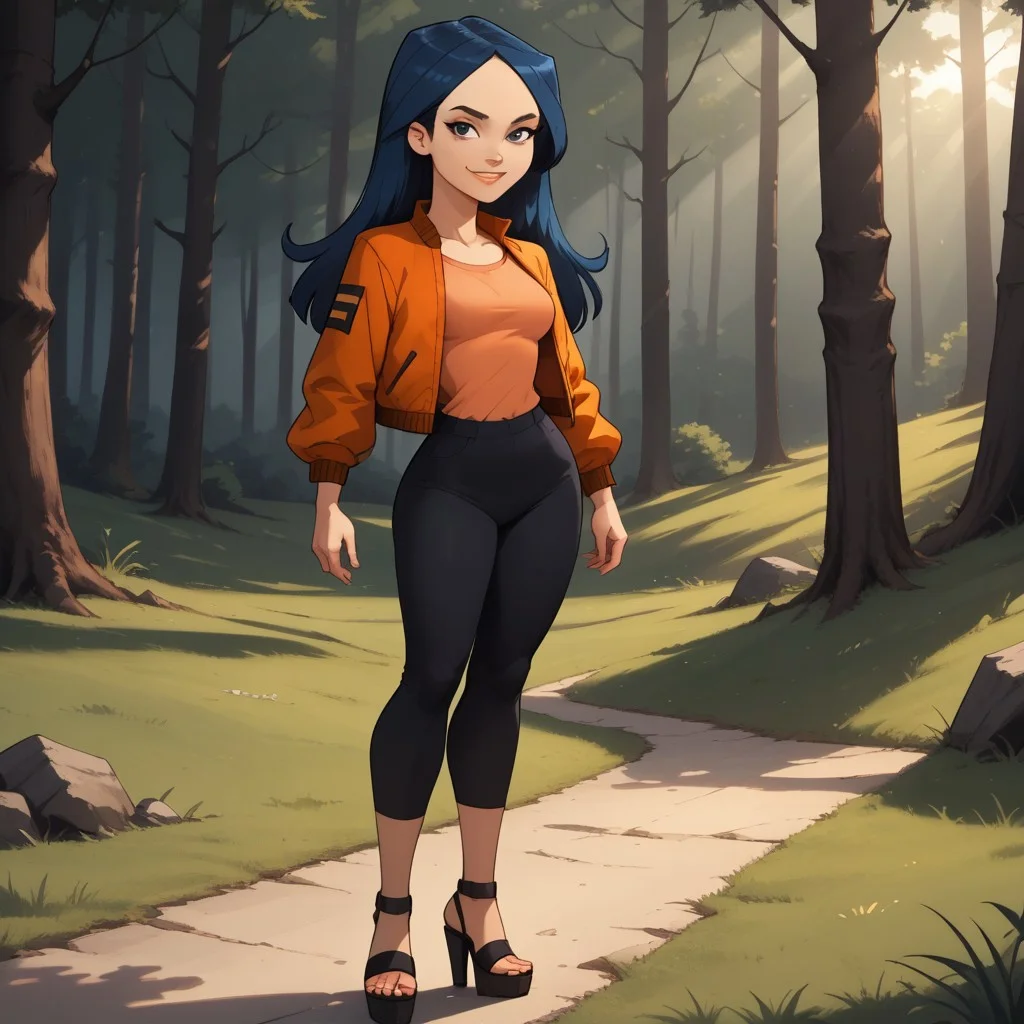 score_9, score_8, BREAK, solo, red jacket, 1girl, orange shirt, leggings, heeled sandals, navy blue hair, black eyes, lips, breasts, total drama, Emma_(Total_Drama), tdtrr, long hair, sexy pose, smile, outdoors, sunlight, shadows, evening lighting, natural lighting, forest, trees, grass, orange sky, sunset