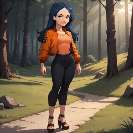 score_9, score_8, BREAK, solo, red jacket, 1girl, orange shirt, leggings, heeled sandals, navy blue hair, black eyes, lips, breasts, total drama, Emma_(Total_Drama), tdtrr, long hair, sexy pose, smile, outdoors, sunlight, shadows, evening lighting, natural lighting, forest, trees, grass, orange sky, sunset