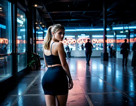 (real life, cinematic, 1girl, cute, gorgeous blonde white 18yo girl, ponytail, alluring face, sexy, makeup, (wide hips, big ass), pencil skirt), score_7_up, score_8_up, score_9_up, detailed beautiful futuristic city scape, bloom, volumetric lighting, <lora:Beautiful face_alpha1.0_rank4_noxattn_last:.78>, <lora:Neon_Scene:0.88> neonscene, reflection, glowing, neon light everywhere, neon lights, neon light streaks, darkness, noise offset