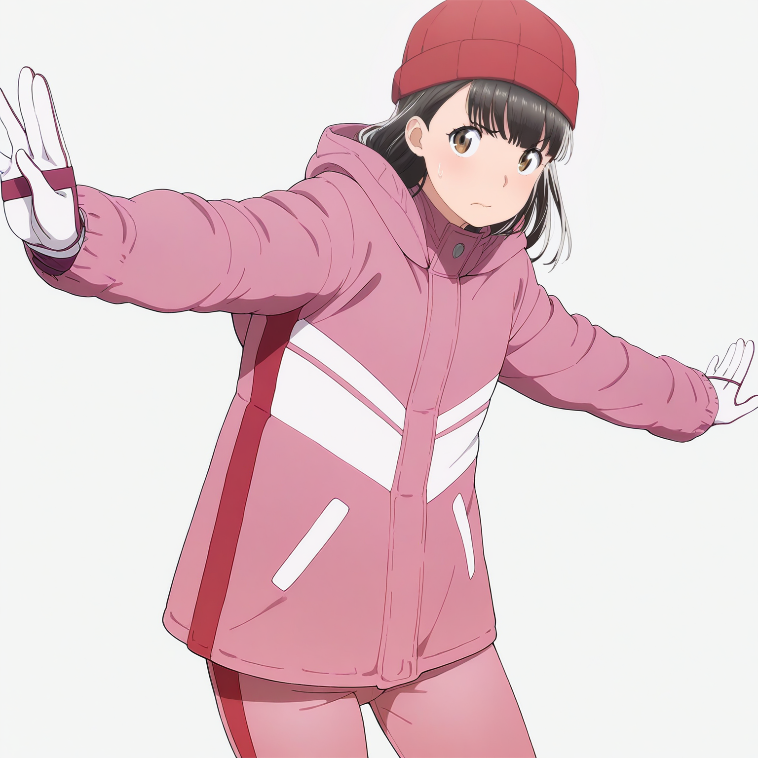 masterpiece, best quality, score_9,
 <lora:Hitomi_hinamatsuri_v11:1>, hitomi_il, 1girl, solo:, brown_hair, bangs, hair_between_eyes, brown_eyes, red_winter_hat, pink_winter_jacket:1, pink_winter_pants, winter_gloves, cowboy shot,  simple background, looking at viewer,