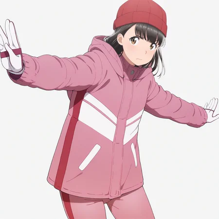masterpiece, best quality, score_9,
<lora:Hitomi_hinamatsuri_v11:1>, hitomi_il, 1girl, solo:, brown_hair, bangs, hair_between_eyes, brown_eyes, red_winter_hat, pink_winter_jacket:1, pink_winter_pants, winter_gloves, cowboy shot, simple background, looking at viewer,