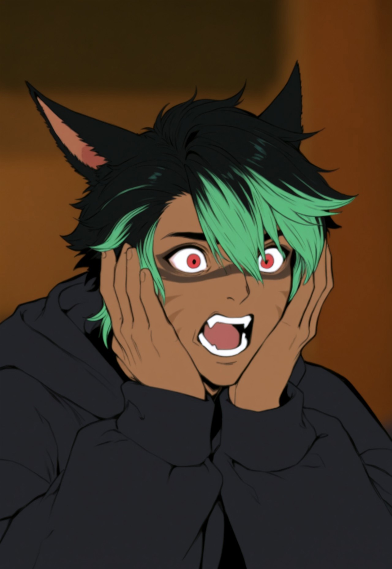 masterpiece, very aesthetic, KrhisT1A, animal ears, 1boy, dark-skinned male, solo, multicolored hair, male focus, dark skin, miqo'te, black hair, open mouth, red eyes, green hair, cat ears, hands on own face, short hair, cat boy, two-tone hair, hair between eyes, whisker markings, facial mark, depth of field, blurry background, perked ears, overreacting, meme, surprised, wide eyes, teeth, fangs, long sleeves, upper body, parody, hood, facepaint