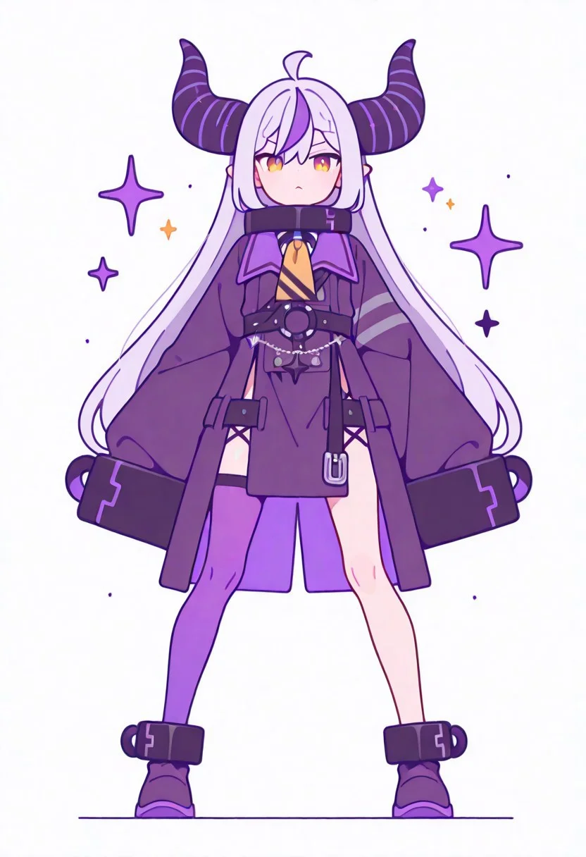 Flatline, Flat vector illustration, looking at viewer, full_body, 
ct_l4plus, flat chest, metal collar, purple coat, yellow ascot, sleeves past fingers, single thighhigh, purple thighhigh
slim, slender, fair skin, clear skin, beauty skin, smooth skin, shiny skin, beautiful legs, long legs, 
shoes, 
from front, front view, straight-on, look at viewer, standing, (legs apart:1.4), 
white background,