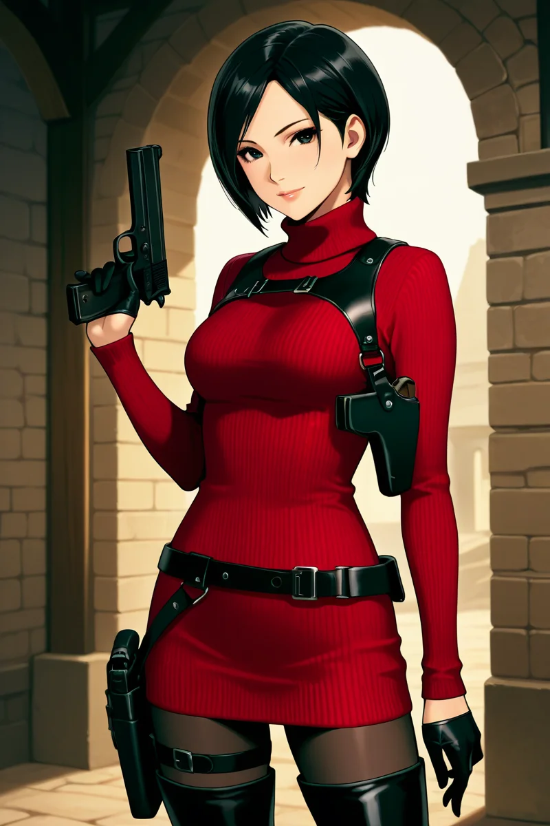 <lora:ada_wong_re_illus:0.7> ada wong, black hair, short hair, black eyes, medium breasts, red sweater, turtleneck, chest harness, pantyhose, black gloves, half gloves, black belt, pistol holster, 1girl, solo, looking at viewer, smile, thighhighs, jewelry, standing, weapon, boots, belt, black footwear, lips, gun, thigh boots, bob cut, high heel boots, sweater dress, thigh holster, asian, shoulder holster, black thighhighs, anime coloring, pistol holster on belt, medieval cities, more detail, cowboy shot,