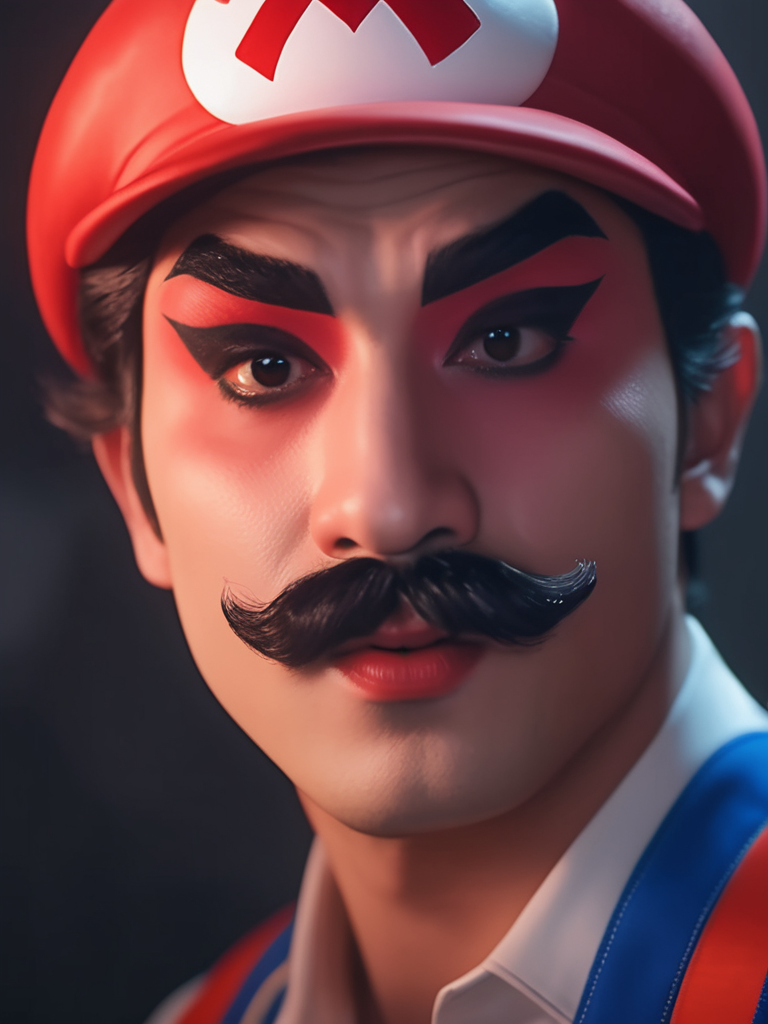 best quality, masterpiece, realistic,8k,  BWBJ , a man looks like super mario with (make up:1.5) ,background is game, upper body, <lora:BWBJ-000004:1>
