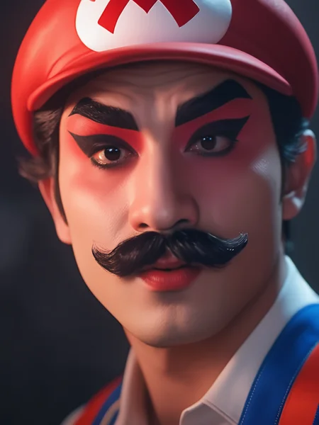 best quality, masterpiece, realistic,8k, BWBJ , a man looks like super mario with (make up:1.5) ,background is game, upper body, <lora:BWBJ-000004:1>