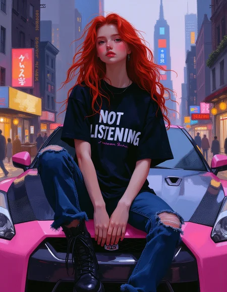 oil painting of close up portrait of young teen Princess Ariel confidently sitting on the hood of a pink Nissan GTR in contemporary street clothes, a hint of her royal elegance shining through. She is wearing a black oversized tee shirt  with bold typography that reads "Not Listening" in white letters , distressed jeans, and black platform boots with neon blue heels that slightly shimmer, nodding to her oceanic heritage. Her flowing red hair is casually tousled, adding to her effortlessly cool demeanor. She's sitting on sleek pink Nissan GTR with, with a black carbon fiber hood, gleams under the city lights, reflecting its surroundings. The urban backdrop features a vibrant cityscape at twilight, with bustling streets and towering skyscrapers. Focus on the Ariel, shadow and light, Masterpiece, intricate lines, intriguing atmosphere, sharp magnificent details, delicate features, elaborate details, (2\3 rule composition:0.5), ultra detailed, romantic, Rembrandt lighting, brush stroke, lovely, del1cate_balance style, novuschroma, in the style of Rembrandt. vantablack <lora:style_of_Rembrandt_FLUX_135:.8> <lora:- Flux1 - vanta_black_V2.0:.3> <lora:Delicate_Balance:.3> <lora:113_novuschromaFLX_1:.4> <lora:neeeg_f1:-1> <lora:Midjourney_Whisper_Minimal:.4>