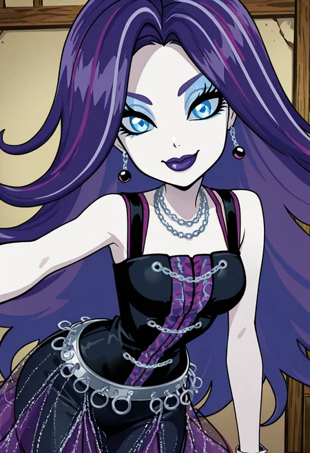 masterpiece, best quality, solo, curvy, beautiful eyes, narrow waist, wide hips, 1girl, solo, smile, looking at viewer, foreshortening, close up, anime screenshot, ,<lora:SpectraVondergeistMH_IXL:1.0>, zzSpectra, blue eyes, blue hair, long hair, multicolored hair, purple hair, streaked hair, two-tone hair, pale skin, makeup, jewelry, earrings, lipstick, dress, necklace, eyeshadow, bracelet, purple lips, C0utur3Cr4z3, <lora:CoutureCraze_IXL:0.3>,, cowboy shot, leaning forward, smile, looking at viewer, shiny skin,