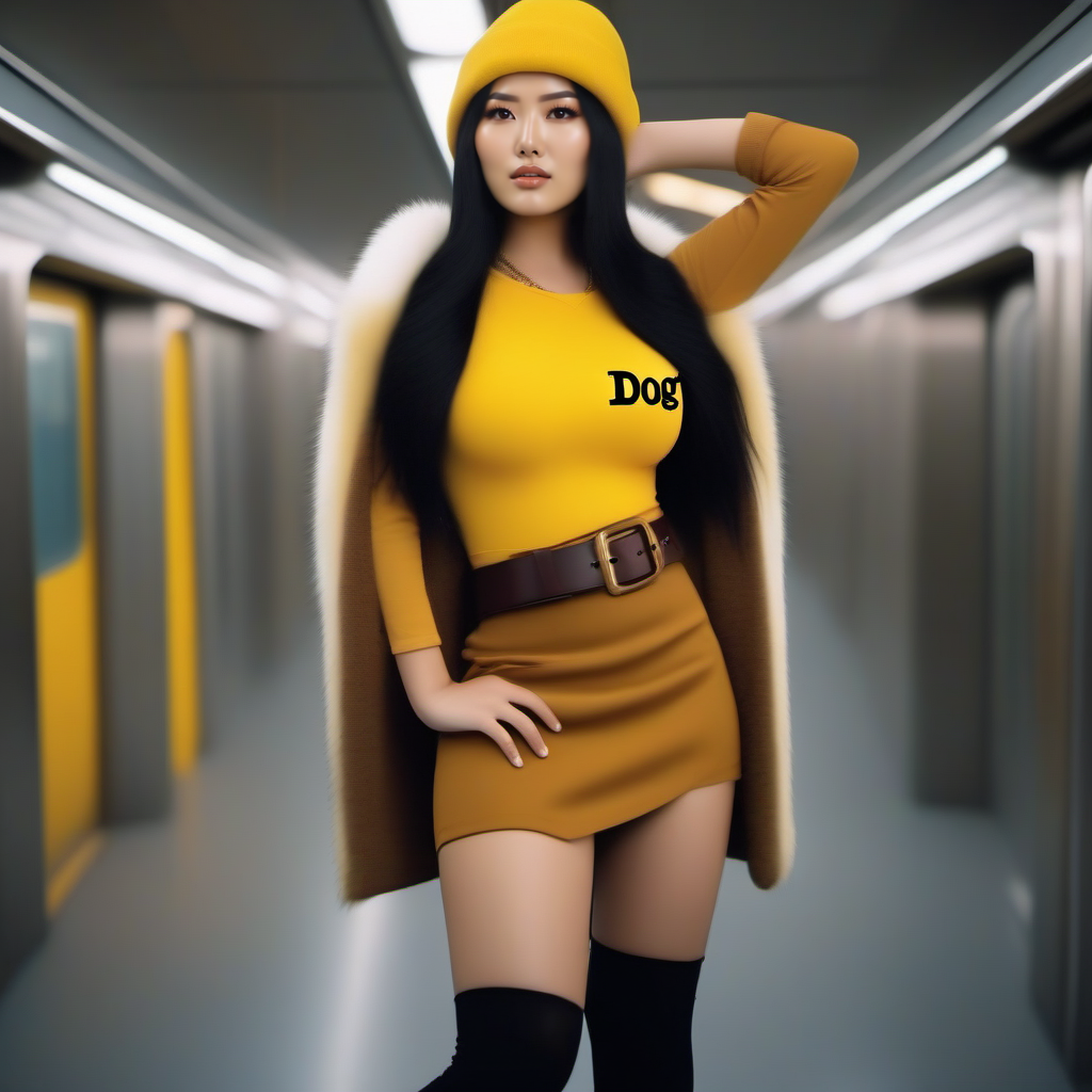 cinematic photo asian  woman with long black hair, ((large breast)), ((brown bobble hat)), wearing a yellow shirt with text ''DOG'', brown belt, (((black hightighs))), black miniskirt, white fur collar, in the subway  <lora:KurohaMitsu1024:0.8> . 35mm photograph, film, bokeh, professional, 4k, highly detailed