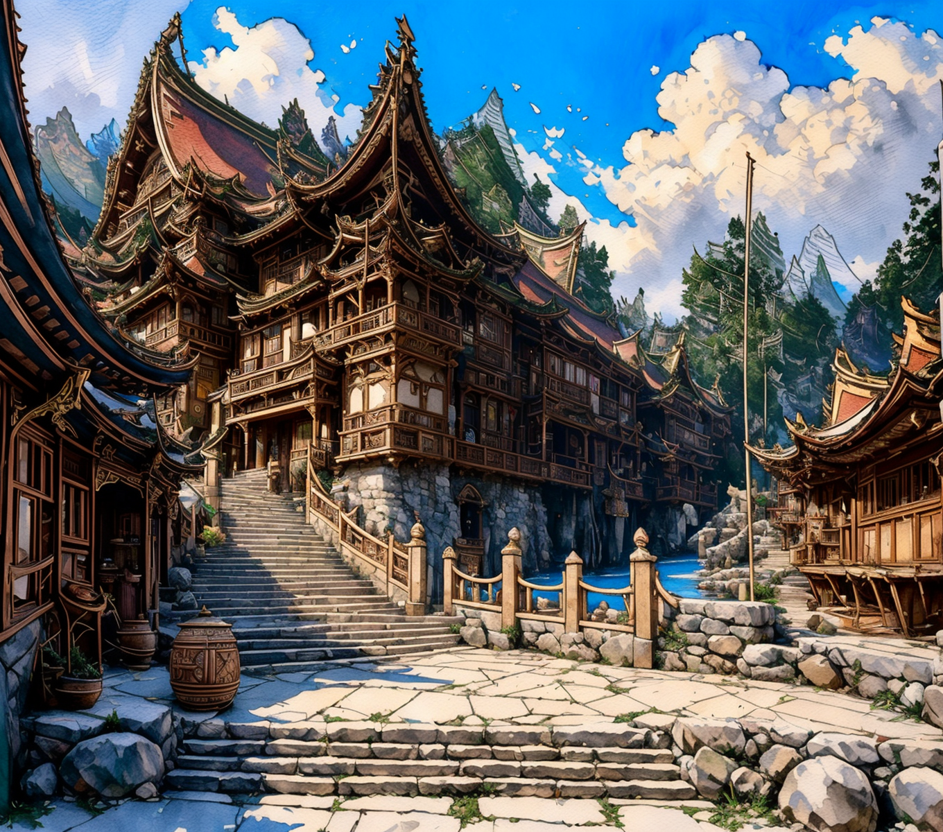RAW photo, (masterpiece:1.3), subsurface scattering, heavy shadow, (high quality:1.4), (intricate, high detail:1.2), professional photography, HDR, High Dynamic Range, realistic, ultra realistic, photorealistic, high resolution, film photography, ambient lighting, atmospheric effects, <lora:detail_slider_v4:2>, OverallDetail,  <lora:HarborAndDocks:1>, barrel, blue sky, boat, bridge, building, cloud, cloudy sky, east asian architecture, flag, hado, multiple others, no humans, outdoors, pier, scenery, ship, sky, stairs, traditional media, tree, water, watercraft