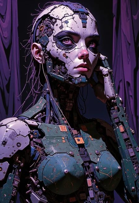 A woman stands in a dimly lit room, her half-figure form composed of intricate circuit boards, motherboards, and electronic components (1.5). Her detachable faceplate, crafted from sleek circuit board fragments, capacitors, and etched circuitry, is held delicately in her hand (1.6). The faceplate’s hollow, lifeless sockets and fine gold-traced pathways glint faintly in the room’s dim purple light. In her other hand, she cradles the face as though it were a delicate mask, revealing the dense, layered mechanics beneath.
Beneath her removed faceplate lies a detailed assembly of electronics and hardware. Her exposed "face" is constructed from tightly packed motherboards, ribbon cables, and clusters of capacitors, resistors, and microchips. Thin, branching wires run across her features like artificial veins, connecting small processors embedded beneath her circuit-board structure. Hollow sockets, where her eyes once rested, now reveal layers of intricate wiring and faintly glinting metallic surfaces. The exposed mechanical layers pulse faintly with quiet energy, adding depth and an unsettling intensity to her gaze.
Her body is constructed of overlapping green and black circuit boards, precisely scaled to form a cohesive humanoid figure. Her chest and shoulders are interlocked with USB ports, heat sinks, and small ribbon cables that snake across her arms like tendons.