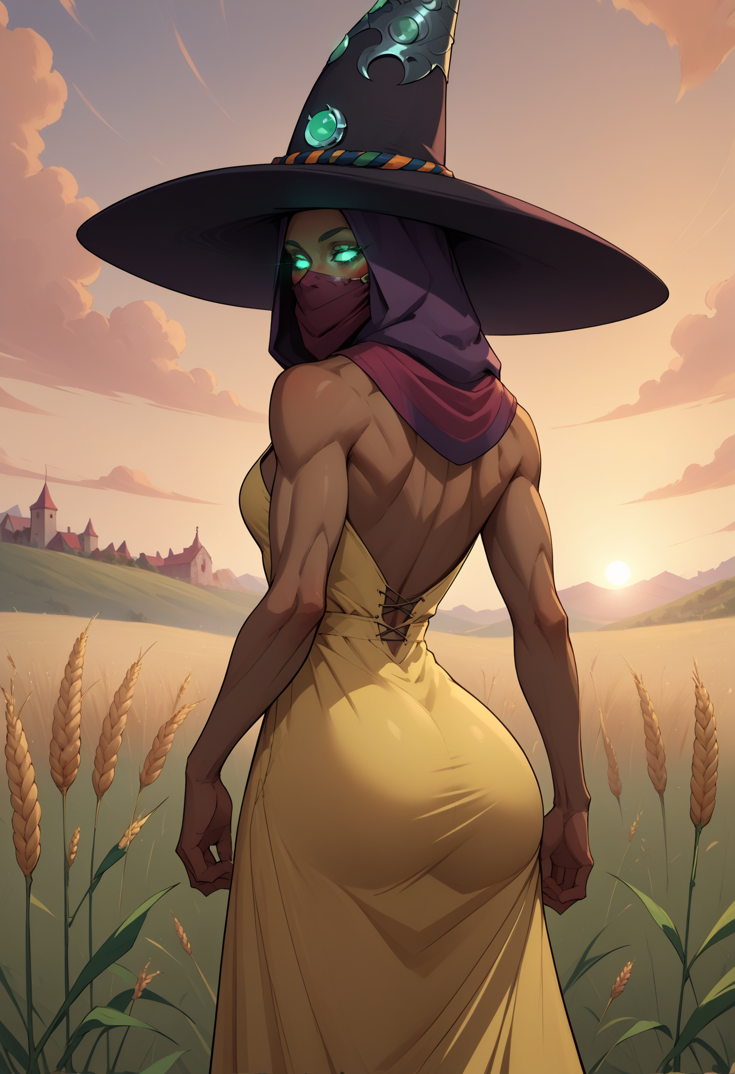 score_9, score_8_up, score_7_up, BREAK 1girl, solo, hecate, dark skin, green eyes, glowing eyes, medium breasts, <lora:HecatePDXL_V1-Manityro-CAME:1.0>, mask, covered mouth, witch hat, hood up, outdoors, wheat field, sunset,
looking at viewer, looking back, blush, rear view, toned,
yellow sundress,