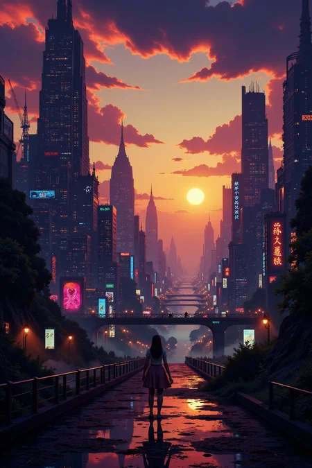 a futuristic sci-fi fantastic cyberpunk city beautiful  landscape, dusk, woman, very intricate, very detailed, sharp, bright, colorful, <lora:Hand v2:0.5> <lora:Anti-Blur:1><lora:Insane Detail Slider:0.25>  <lora:flux.1_lora_flyway_Epic-detail_v2:0.3> <lora:fluxenhancer:0.25> <lora:Anime_style:0.6> anime style