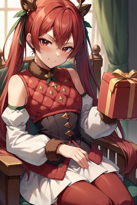 score_9, score_8_up, score_7_up, score_6_up, source_anime BREAK 1girl, solo, <lora:fesevera-pdxl-nvwls-v1-000005:1> winSelena, red hair, red eyes, twintails, fake antlers, fake animal ears, fur choker, red vest, corset, puffy detached sleeves, white skirt, red thighhighs, sitting, holding present box, chair, looking at you, smile, blush