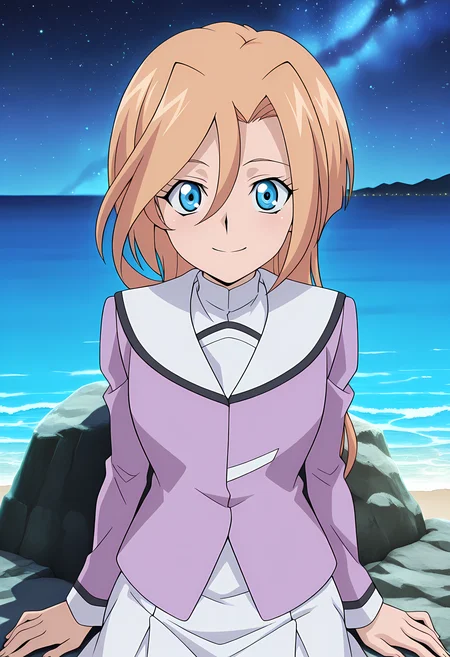 masterpiece,best quality,amazing quality,
solo,
Mikuru Shindou (Cardfight Vanguard), long hair, blonde hair, hair between eyes, blue eyes,
school uniform, white sailor collar, shirt, jacket, long sleeves, jacket, white skirt,
looking at viewer, smile,
lying, Leaning back on rock,
cinematic,
bloom, night, at beach, starry sky, galaxy sky, glowing blue ocean waves, blue light, detailed shadow,
Official style, anime screencap, anime coloring,