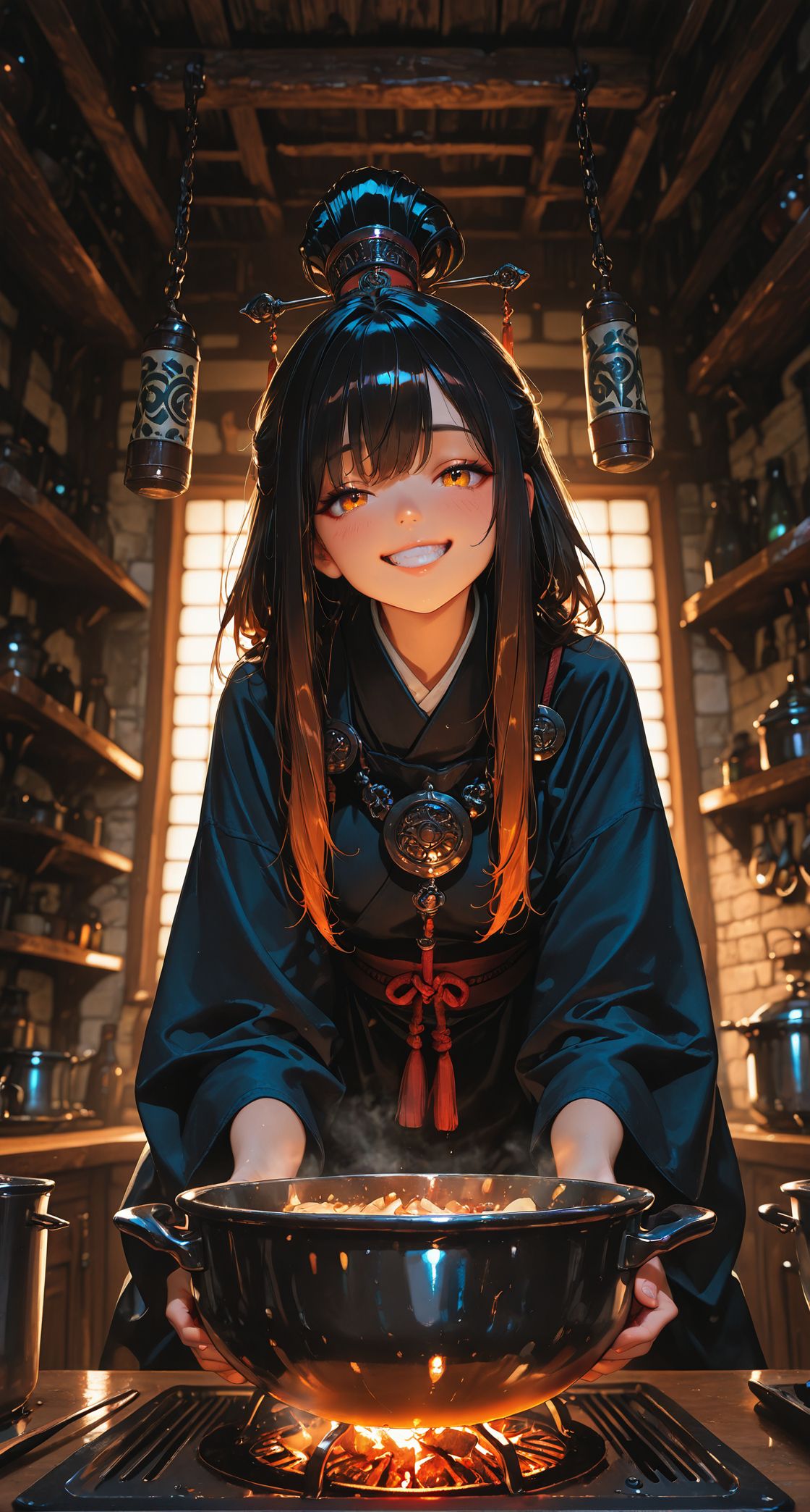 intense lighting,depth of field,dynamic composition,dutch angle,detailed backgroud,foreshortening,blurry edges,<lora:MoriiMee_Gothic_Niji_Style_Illustrious_r1:0.6>,, masterpiece,best quality,amazing quality,high quality,ultra-HD,newest,highres,8K,HDR,absurdres,vibrant colors,Volumetric lighting,cinematic,cinematic lighting,high detail,depth of field,(dramatic lighting),very aesthetic,
<lora:AddMicroDetails_Illustrious:0.4>,, (Tilt Shot),(HDA_OralInvitationXL),(playful expression, Mischievous grin, twinkling eyes, slightly raised eyebrows),(shaman),(elfic Kitchen, Warm and inviting atmosphere with a rustic wooden dining table, hanging pots and pans suspended from the ceiling, a stone hearth for cooking, fragrant herbs hanging from the walls, polished copper cookware gleaming on shelves),