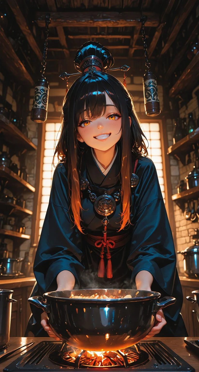 intense lighting,depth of field,dynamic composition,dutch angle,detailed backgroud,foreshortening,blurry edges,<lora:MoriiMee_Gothic_Niji_Style_Illustrious_r1:0.6>,, masterpiece,best quality,amazing quality,high quality,ultra-HD,newest,highres,8K,HDR,absurdres,vibrant colors,Volumetric lighting,cinematic,cinematic lighting,high detail,depth of field,(dramatic lighting),very aesthetic,
<lora:AddMicroDetails_Illustrious:0.4>,, (Tilt Shot),(HDA_OralInvitationXL),(playful expression, Mischievous grin, twinkling eyes, slightly raised eyebrows),(shaman),(elfic Kitchen, Warm and inviting atmosphere with a rustic wooden dining table, hanging pots and pans suspended from the ceiling, a stone hearth for cooking, fragrant herbs hanging from the walls, polished copper cookware gleaming on shelves),