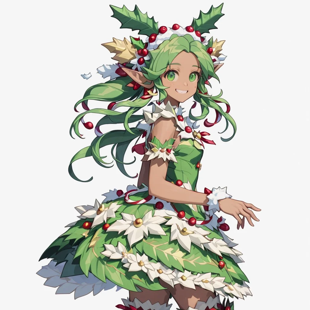 absurdres, 4k res, high quality, score_7_and_above, 1girl, solo, masterpiece, challua_wf, green eyes, green hair, tan skin, pointy ears, holly_dress, flower, boots, hair ornament, portrait, seductive smile, highly detailed, side view, looking at viewer,