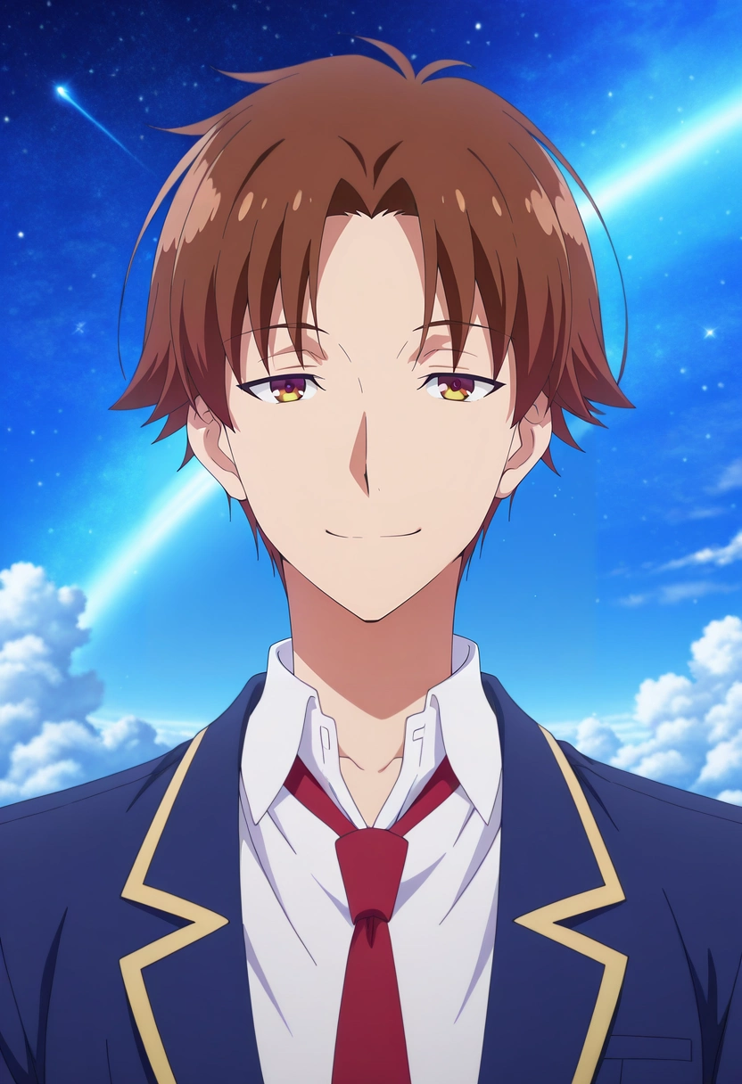 masterpiece, best quality, , anime screencap, anime coloring, official style, looking at viewer, 1boy, solo, male focus, <lora:kiyotaka_ayanokouji_ilxl:0.98>, kiyotaka_ayanokouji, brown hair, brown eyes, short hair, bangs, parted bangs, school uniform, jacket, necktie, collared shirt, blazer, rule of thirds, space, stars, day, clouds, arms up, naughty smile,