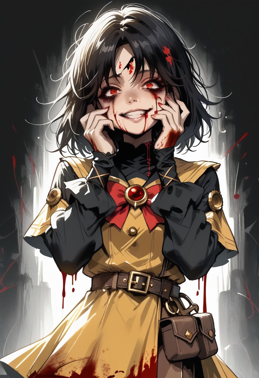 score_9, score_8_up, score_7_up, 
deep skin, skindentation, highres, highly detailed, high resolution, high quality, highres,
source_anime, anime screencap, saturation, vivid colors, 
1girl, solo, cowboy shot, 
black hair, red eyes, medium hair, (messy hair:0.8), bags under eyes,
(yellow steampunk dress:1.1), (magical girl dress:1.1), (brown shorts:1.2), roll out shorts, black tights, long black sleeves, utility belt,
gesugao, (blood on face, blood on body, excessive blood, bloodied hands), hands on cheek, (looking at viewer:1.2)