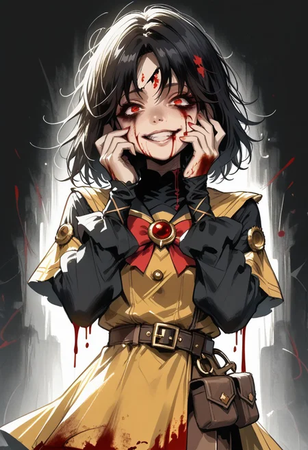 score_9, score_8_up, score_7_up,
deep skin, skindentation, highres, highly detailed, high resolution, high quality, highres,
source_anime, anime screencap, saturation, vivid colors,
1girl, solo, cowboy shot,
black hair, red eyes, medium hair, (messy hair:0.8), bags under eyes,
(yellow steampunk dress:1.1), (magical girl dress:1.1), (brown shorts:1.2), roll out shorts, black tights, long black sleeves, utility belt,
gesugao, (blood on face, blood on body, excessive blood, bloodied hands), hands on cheek, (looking at viewer:1.2)