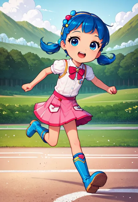score_9, score_8_up, score_7_up,
cute, young, looking at viewer ,small breast, best quality,Amazing,finely detail,1girl, true, blue hair, twintails, hair ornament, blue eyes, skirt, boots, running
