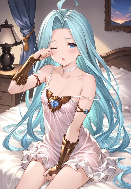 masterpiece,absurdres,best quality,high quality,<lora:Granblue Fantasy XLV3 Vpred:1>,1girl,solo,lyria \(granblue fantasy\),armlet,sitting on bed,blue eyes,aqua hair,parted hair,blush,upper body,collarbone,jewelry,looking at viewer,open_mouth,;o,small breasts,cleavage,very long hair,bedroom,rubbing eyes,one eye closed,nightgown,dusk,off shoulder,