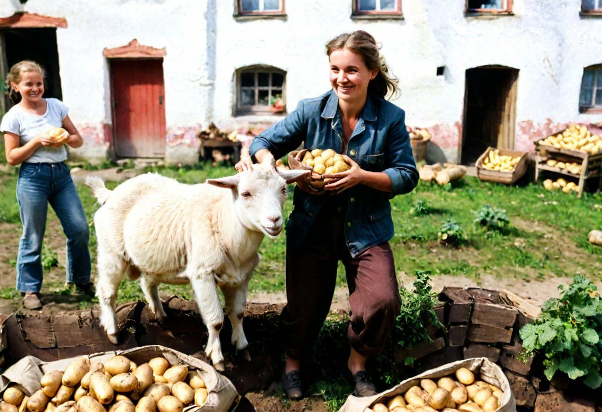 Polish people, dancing around potatoes, grey communal block, film photography, 1981, a pet goat is in the foreground, summer, courtyard, bags of potatoes, film grain,  Poland, communism, historic, silly, parody,  1980s clothing, Polish, daily life, natural light, candid, highly detailed, happy people, Nowa Huta, accurate faces, textured fur, SLR, amazing quality,
