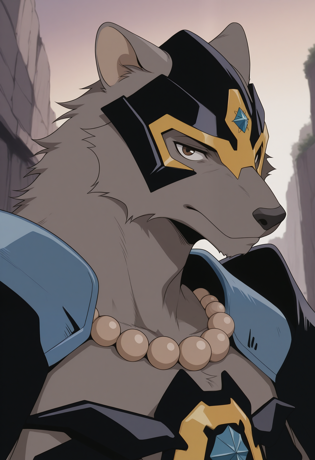 masterpiece,best quality,amazing quality, 1boy, solo, t3dium, furry, helmet, pauldrons, bead necklace, black chest armor, close up, side angle, looking at viewer, outdoors, 