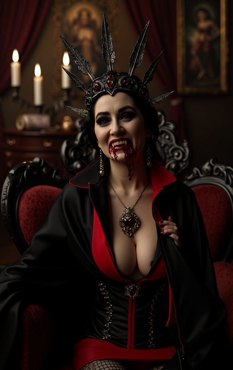 B100dY. Vampire naked Queen, (bloody fangs), backlit, intricate details, highly detailed, slate atmosphere, cinematic, dimmed colors, dark shot, muted colors, film grain, lut, spooky, Dark regal furniture, vampire paintings on walls, candles, torn bloody drapes