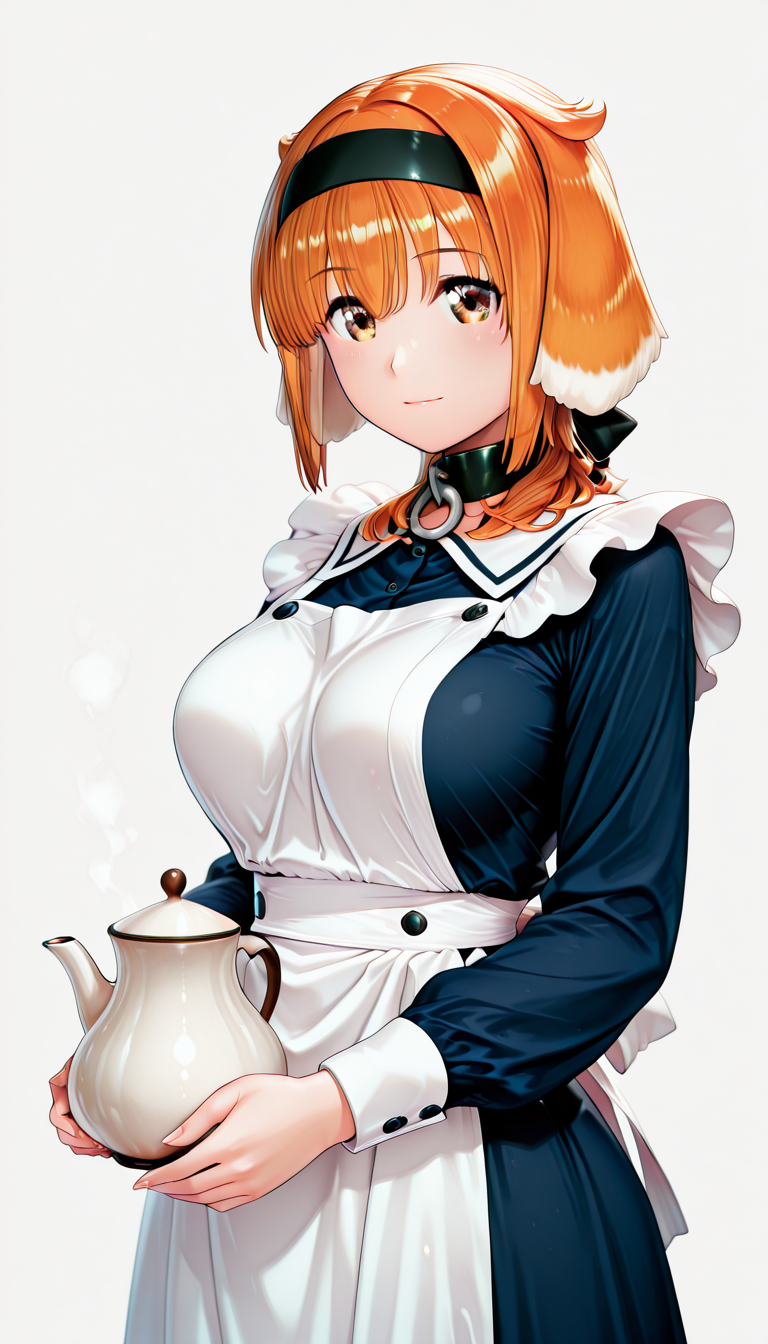 IllusP0s,masterpiece, best quality,(ultra detailed eyes:1.4),((ultra detailed heir:1.4)), ((explicit)), <lora:perfection style v2d:1> ,((dynamic angle)),((dynamic pose))
BREAK
1girl, r0xanne_manga,  
Black collar, brown eyes, short hair, orange hair, floppy ears, dog ears,  Black ribbon, hairband
Edwardian maid , Long sleeve blue dress,((blue long skirt dress)), white apron with blue lines, maid apron, white apron with blue lines, 
BREAK
((blank background)) ((upper body)),
light smile, (half-closed eyes:0.7), looking at viewer
 <lora:Roxanne_-_100percent_-_manga:1>
Serve tea in a teapot