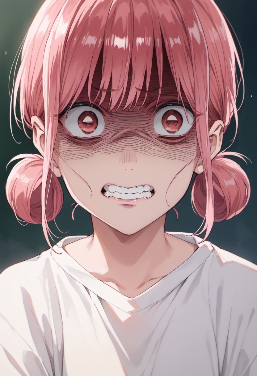 score_9, score_8_up, score_7_up, source_anime, chono hina, pink hair, pink eyes, hair bun, 1girl, solo, clenched teeth, teeth, shaded face, looking at viewer, shirt, short hair, double bun