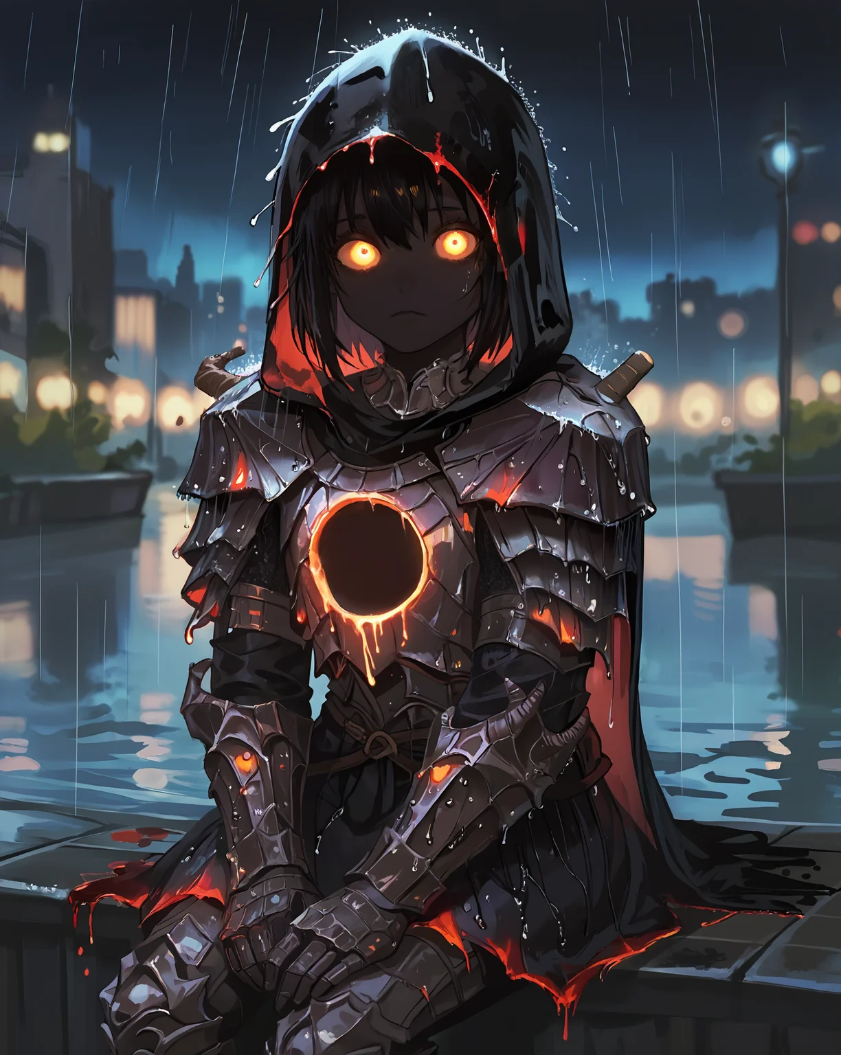 score_9, score_8_up, score_7_up, realism, blurred background, bokeh, night, city, 1girl, solo, yellow eye, black skin, glowing eye, neon, rain, black blood, eveyuno, stars, black background, from bellow, <lora:eveyuno:0.8>, heavy-rain, rain, wet, black hood, ringedknight, glowing torso, armor, sitting, <lora:ringedknight:0.7>