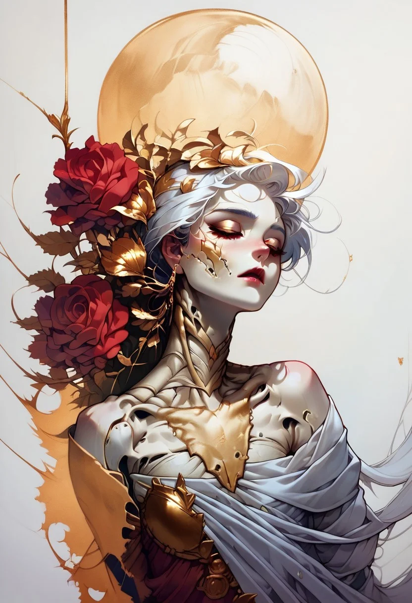 score_9, score_8_up, score_7_up, score_6_up, score_5_up, score_4_up, <lora:g0ldl34fXLP:0.8> g0ldl34f, 1girl, extremely beautiful, elegant moon princess, very long white hair, (ribs showing, bones, exposed bones), flowing ethereal gown, gold roses, white background,
